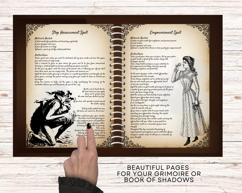 Op de afbeelding: Twee open pagina's uit een zwart en bruin lederen dagboek met gouden accenten. De linkerpagina toont een zwart-witte illustratie van een schepsel met de tekst "Stop Harassment Spell". De rechterpagina toont een zwart-witte illustratie van een vrouw met de tekst "Empowerment Spell".