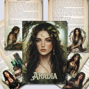 May include: A collage of images featuring a woman with long dark hair and a crescent moon in her hair. She is surrounded by lush greenery and the text "Aradia" is prominently displayed. The images are in a vintage style and evoke a sense of magic and mystery.