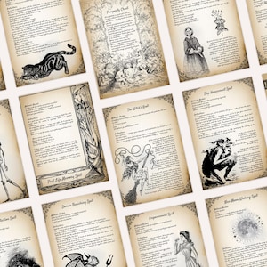 Op de afbeelding: Een verzameling afdrukbare heksenspeelpagina's met zwart-wit illustraties. De pagina's bevatten spreuken voor bescherming, bannen, herinneringen aan een vorig leven en meer.