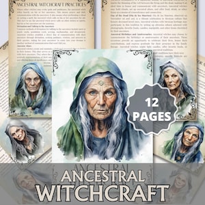 May include: A set of 12-page guides on ancestral witchcraft. The cover shows a watercolour portrait of an elderly woman in a green hooded cloak. The text "Ancestral Witchcraft" is displayed at the bottom of the image.