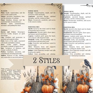May include: A digital print featuring text about planets, zodiac signs, essential oils, and animals, with a Halloween theme. The image includes pumpkins, skulls, a crow, and a broom. The words "2 Styles" are also visible.