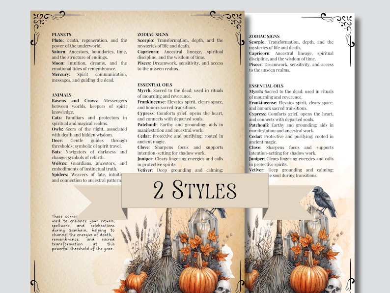May include: A digital print featuring text about planets, zodiac signs, essential oils, and animals, with a Halloween theme. The image includes pumpkins, skulls, a crow, and a broom. The words "2 Styles" are also visible.