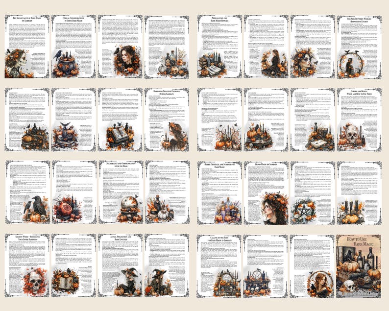 Pu&ograve; includere: Una guida illustrata in stile vintage alla magia oscura con un teschio bianco e nero, un calderone e un corvo sulla copertina. Il libro &egrave; aperto a una pagina con testo sulla storia della magia oscura.