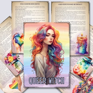 Puede incluir: Una ilustración colorida de una bruja queer con cabello arcoíris y un corazón arcoíris en sus manos. El texto "Queer Witch" está en el centro de la imagen. La imagen también incluye texto sobre rituales que celebran identidades diversas, una perspectiva queer sobre la magia y la espiritualidad, y un frasco de hechizos de diversidad.