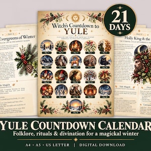 May include: A digital Yule countdown calendar featuring three pages with vintage-style parchment backgrounds. The central page displays 21 circular illustrations with text, while the side pages contain detailed folklore, rituals, and divination guides.
