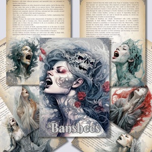 Könnte beinhalten: Eine Collage aus fünf Bildern, die die mythische Kreatur namens Banshee darstellen. Die Bilder sind im dunklen, gotischen Stil gehalten und zeigen die Banshee mit langen, fließenden Haaren und einem traurigen Ausdruck. Der Text "Banshees" ist prominent in der Mitte der Collage platziert.