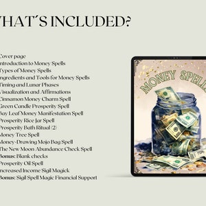 May include: A digital illustration of a glass jar filled with US dollar bills. The jar is labeled "Money Spells". The image is a digital download for a guide to money spells.