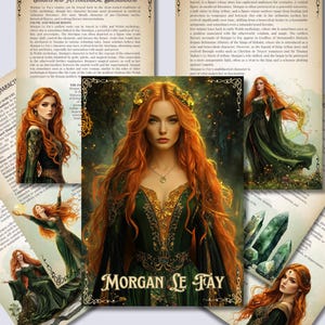 May include: A digital illustration of Morgan Le Fay, a powerful sorceress from Arthurian legend. She is depicted with long flowing red hair, wearing a green and gold gown, and holding a staff. The background is a lush forest with a magical feel.