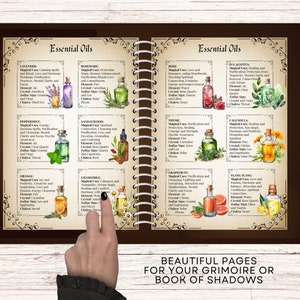 May include: Two open pages from a book with illustrations of essential oils and their magical uses. The pages are brown with gold accents and feature watercolor illustrations of bottles of essential oils, flowers, and herbs. The text on the pages includes the names of the oils, their magical uses, and their corresponding zodiac signs.