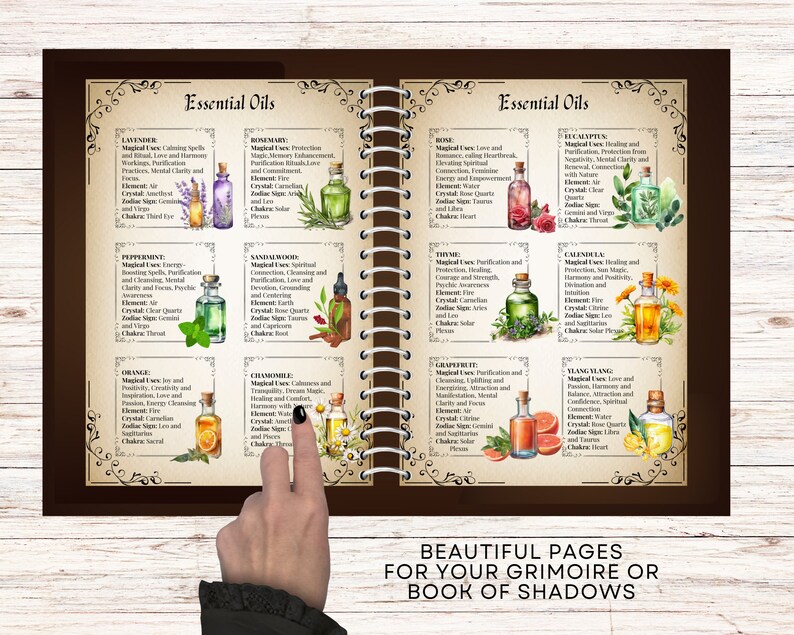 May include: Two open pages from a book with illustrations of essential oils and their magical uses. The pages are brown with gold accents and feature watercolor illustrations of bottles of essential oils, flowers, and herbs. The text on the pages includes the names of the oils, their magical uses, and their corresponding zodiac signs.