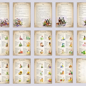 May include: A set of 15 printable pages with information about essential oils. The pages feature watercolor illustrations of various herbs, flowers, and fruits. The pages include titles such as "Introduction", "How to Make Essential Oils", "Tips", "Application and Use", and "Essential Oils".