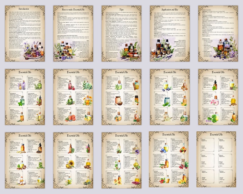 May include: A set of 15 printable pages with information about essential oils. The pages feature watercolor illustrations of various herbs, flowers, and fruits. The pages include titles such as "Introduction", "How to Make Essential Oils", "Tips", "Application and Use", and "Essential Oils".