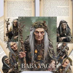 May include: Baba Yaga, a mythical figure from Slavic folklore, is depicted in a collage of images. She is shown as an old woman with long white hair, wearing a dark robe and holding a staff. The images are set against a backdrop of a forest.