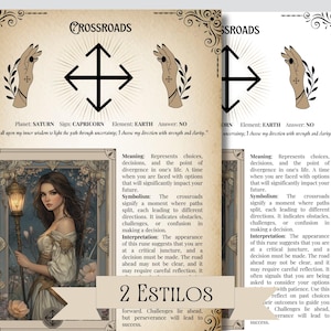 K&ouml;nnte beinhalten: Eine Vintage-Tarotkarte mit einer Schwarzwei&szlig;illustration einer Kreuzung. Die Karte ist auf einem beigefarbenen Hintergrund mit verzierten R&auml;ndern. Der Text auf der Karte lautet "Crossroads" und enth&auml;lt Informationen &uuml;ber den Planeten Saturn, das Zeichen Steinbock, das Element Erde und die Antwort "Nein". Die Karte enth&auml;lt auch eine Beschreibung der Bedeutung, Symbolik und Interpretation der Kreuzung.