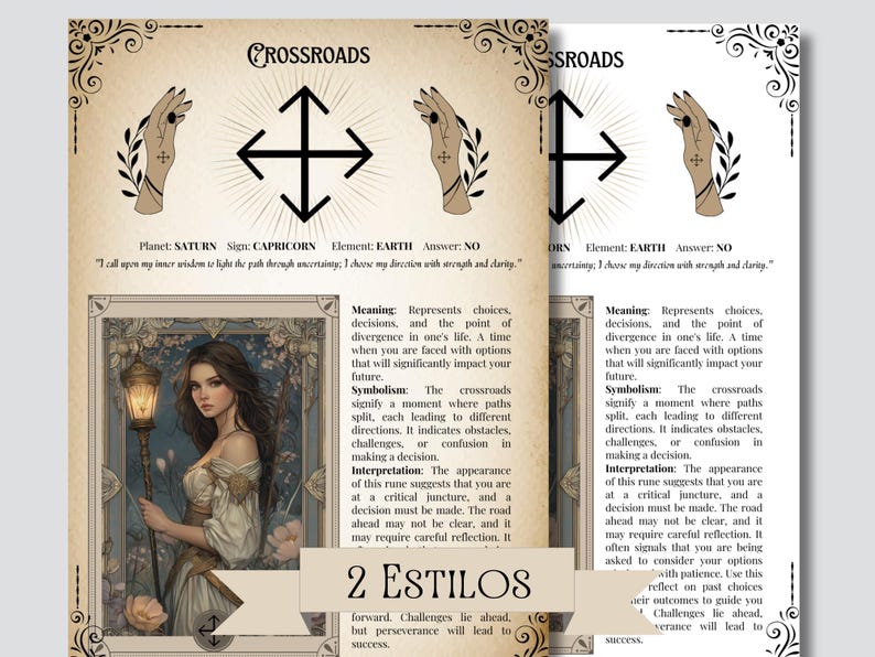 K&ouml;nnte beinhalten: Eine Vintage-Tarotkarte mit einer Schwarzwei&szlig;illustration einer Kreuzung. Die Karte ist auf einem beigefarbenen Hintergrund mit verzierten R&auml;ndern. Der Text auf der Karte lautet "Crossroads" und enth&auml;lt Informationen &uuml;ber den Planeten Saturn, das Zeichen Steinbock, das Element Erde und die Antwort "Nein". Die Karte enth&auml;lt auch eine Beschreibung der Bedeutung, Symbolik und Interpretation der Kreuzung.