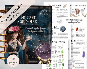 May include: A digital grimoire for modern witches with 234 pages. The cover features a witch with a black hat and a crystal ball against a dark blue background with stars and constellations. The text "My First Grimoire" is written in gold lettering.