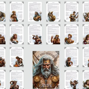 May include: A set of illustrated cards depicting Greek gods and goddesses. Each card includes a portrait and text. The central card shows Zeus with the words "Gods and Goddesses" and "Greek".