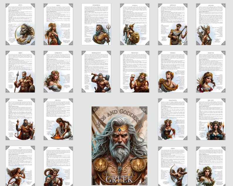 May include: A set of illustrated cards depicting Greek gods and goddesses. Each card includes a portrait and text. The central card shows Zeus with the words "Gods and Goddesses" and "Greek".