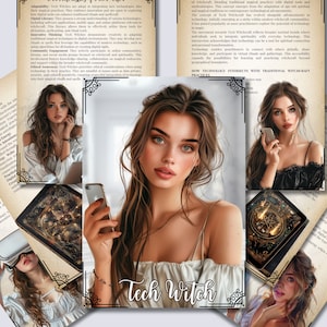 May include: A digital illustration of a woman with long brown hair, wearing a white shirt, holding a smartphone. The image is set against a background of a vintage book with the text "Tech Witch" in bold, black letters.