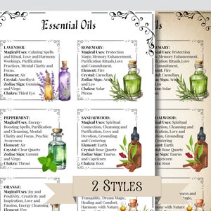 May include: A chart with illustrations of essential oils and their magical uses. The chart is divided into sections for Lavender, Rosemary, Peppermint, Sandalwood, and Orange. Each section includes the name of the oil, its magical uses, element, crystal, zodiac sign, and chakra. The chart also includes the text "2 Styles" and illustrations of flowers.