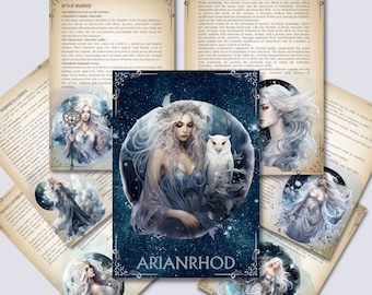 May include: A set of fantasy art prints depicting a woman with long white hair, an owl, and the word "ARIANRHOD." The artwork has a celestial theme with a blue and white colour palette. Additional prints show similar figures and text from a book.
