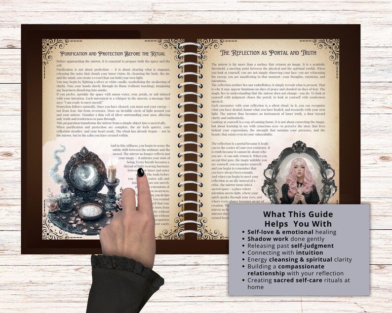 May include: Open book with brown covers and spiral binding, featuring text on purification and reflection. The pages display illustrations of mirrors and candles. A hand points to a guide with bullet points: self-love, emotional healing, shadow work, and intuition.