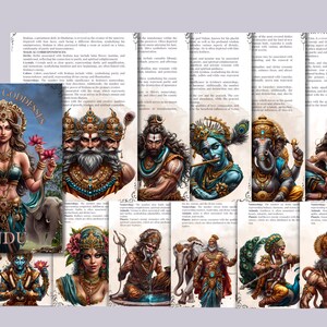 May include: A colorful illustration of Hindu gods and goddesses. The image features a variety of deities, including Brahma, Vishnu, Shiva, Lakshmi, Saraswati, Ganesha, and Hanuman. Each deity is depicted with their unique attributes and symbols. The image is surrounded by text describing the powers and attributes of each god and goddess.