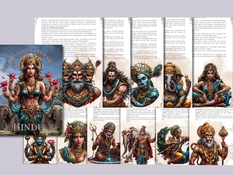 May include: A colorful illustration of Hindu gods and goddesses. The image features a variety of deities, including Brahma, Vishnu, Shiva, Lakshmi, Saraswati, Ganesha, and Hanuman. Each deity is depicted with their unique attributes and symbols. The image is surrounded by text describing the powers and attributes of each god and goddess.