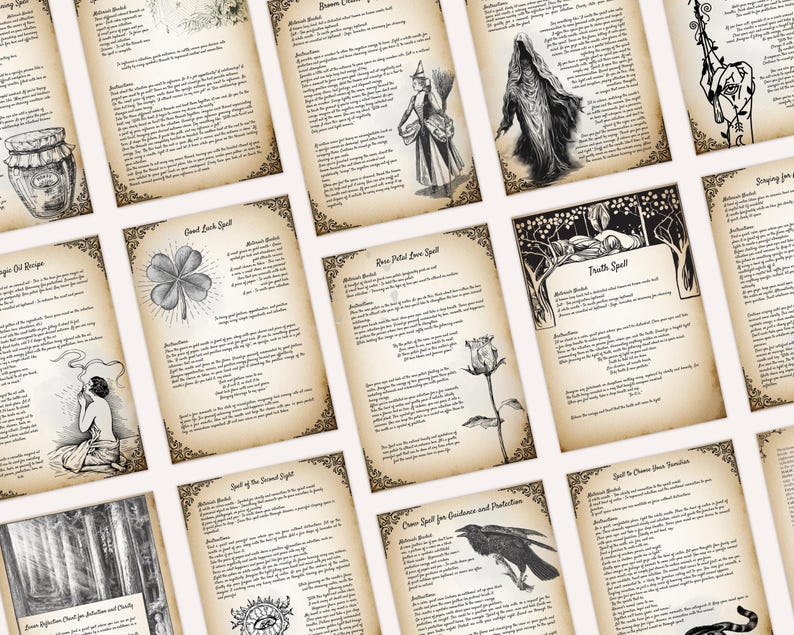 Op de afbeelding: Een verzameling vintage-stijl printbare spreukkaarten met illustraties en instructies voor verschillende spreuken, waaronder "Geluksspreuk", "Rozenblaadjes Liefdespreuk", "Waarheidsspreuk" en "Spreuk om je vertrouwde te kiezen".