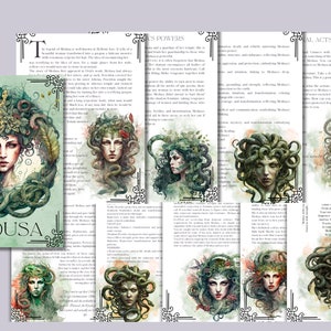 May include: A digital illustration of Medusa, a Greek mythological figure, with snakes for hair and a fierce expression. The image is surrounded by text about her powers and actions.