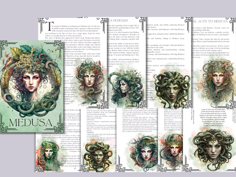 May include: A digital illustration of Medusa, a Greek mythological figure, with snakes for hair and a fierce expression. The image is surrounded by text about her powers and actions.