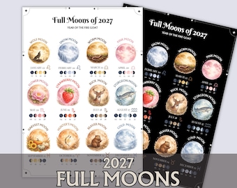 2027 Full Moon Calendar Printable, Lunar Calendar Poster, Moon Phases & Zodiac Signs, Witchy Altar Print