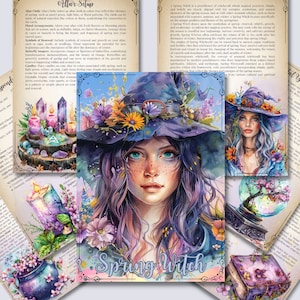 May include: A Spring Witch illustration with a purple and blue color scheme. The witch is wearing a large, wide-brimmed hat with flowers and a crystal ball. The image includes text that says "Spring Witch".