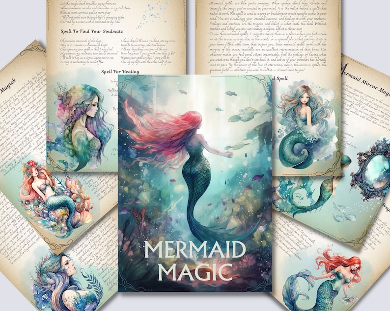 May include: A book titled "Mermaid Magic" with watercolor illustrations of mermaids. The book includes spells for finding your soulmate and healing.