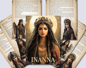 May include: A digital illustration of Inanna, a goddess from ancient Mesopotamia. She is depicted with long dark hair, wearing a golden crown and a flowing robe. The background is a soft golden colour with a crescent moon.