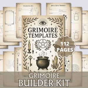 Op de afbeelding: Een verzameling grimoire-sjablonen met een vintage esthetiek. Het centrale ontwerp toont een pentagram, een ketel, een sleutel en een kaars. De tekst luidt "GRIMOIRE TEMPLATES" en "GRIMOIRE BUILDER KIT". De afbeelding bevat ook pagina's met de tekst "My Essential Oils" en "Spell & Ritual Worksheet".