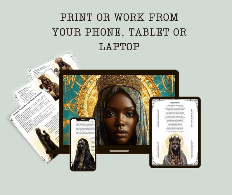 Pode incluir: Download digital imprim&iacute;vel de uma Madona negra com coroa e halo dourados. A imagem &eacute; cercada por um fundo dourado e turquesa. O texto "Invocaci&oacute;n" est&aacute; impresso na p&aacute;gina. A imagem &eacute; exibida em um laptop, tablet e telefone.