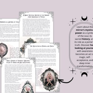 May include: A collection of printed pages with text about mirrors, their history, and symbolism. The pages feature decorative borders and illustrations of ornate mirrors. The text includes phrases like "mirror's mystical power" and "looking at yourself".