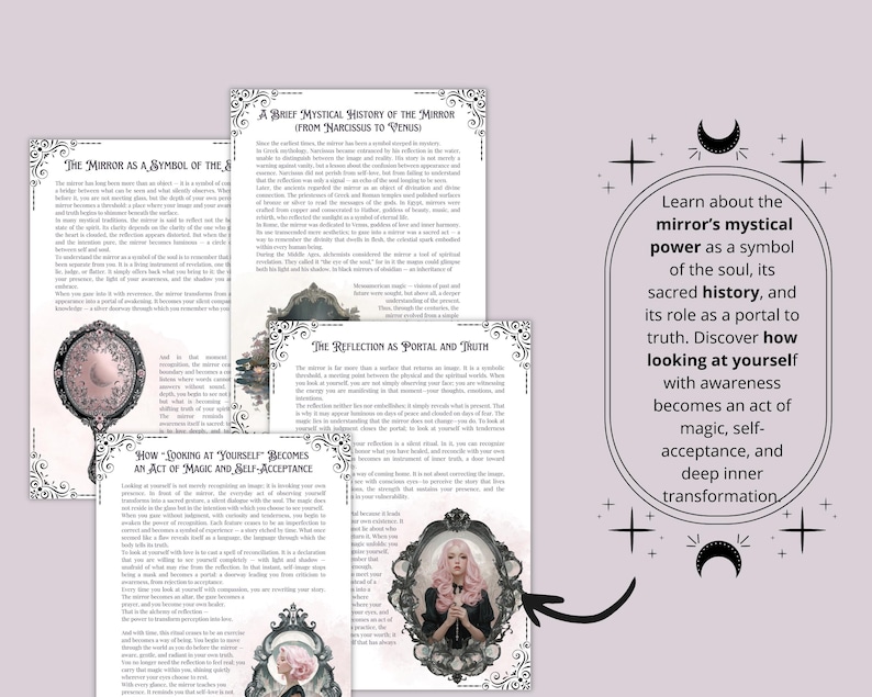 May include: A collection of printed pages with text about mirrors, their history, and symbolism. The pages feature decorative borders and illustrations of ornate mirrors. The text includes phrases like "mirror's mystical power" and "looking at yourself".