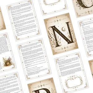 May include: A collection of vintage-style cards with decorative borders and ornate letter designs. The cards feature text and illustrations, including a mortar and pestle with herbs. The color palette is primarily beige, brown, and gold.
