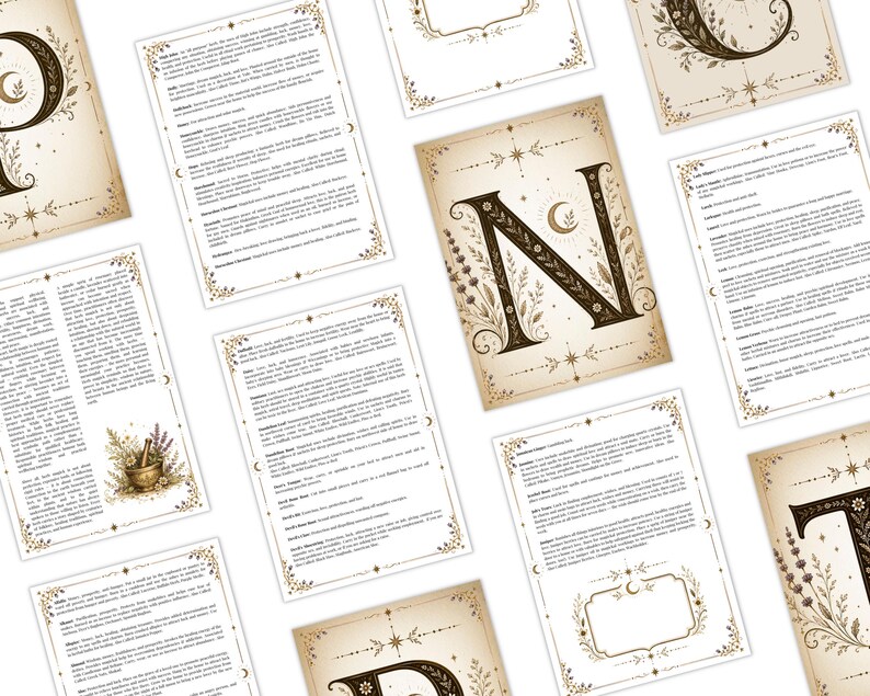 May include: A collection of vintage-style cards with decorative borders and ornate letter designs. The cards feature text and illustrations, including a mortar and pestle with herbs. The color palette is primarily beige, brown, and gold.