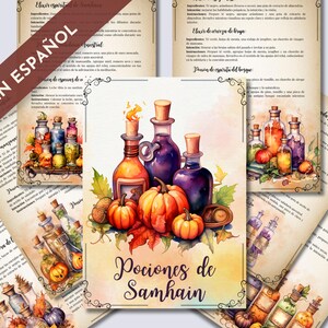 Könnte beinhalten: Eine Aquarell-Illustration von Zaubertrankflaschen mit einem Kürbis und Herbstblättern. Der Text "Pociones de Samhain" ist in einer dekorativen Schrift geschrieben.