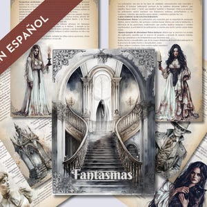 Könnte beinhalten: Ein Vintage-Buch mit dunkler, gotischer Ästhetik. Der Umschlag zeigt eine Schwarzweißillustration einer großen Treppe mit einer geisterhaften Gestalt an der Spitze. Der Text "Fantasmas" ist in einer dekorativen Schriftart am unteren Rand des Bildes geschrieben. Das Buch ist geöffnet und zeigt Seiten mit Text in Spanisch.