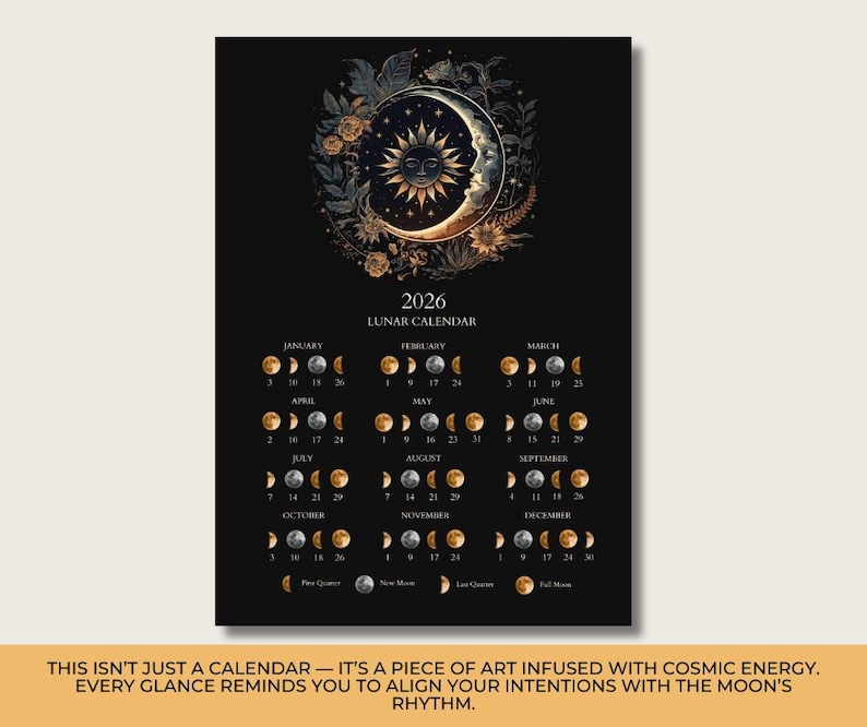 2026 Lunar Calendar Printable | Moon Phases 2026 | Mystical Sun and ...