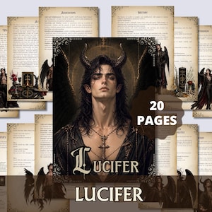 May include: A collection of 20 pages featuring illustrations and text. The central image depicts a figure with horns, wings, and a cross pendant, with the name "LUCIFER" prominently displayed. The pages have decorative borders and gothic-style imagery.