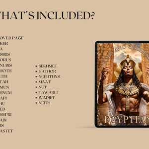 May include: A digital illustration of Egyptian gods and goddesses. The image features a male figure with a golden crown and a dark brown beard, sitting on a throne. The text "Gods and Goddesses Egyptian" is displayed at the bottom of the image.