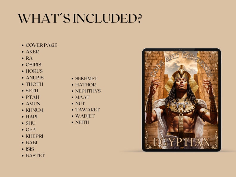 May include: A digital illustration of Egyptian gods and goddesses. The image features a male figure with a golden crown and a dark brown beard, sitting on a throne. The text "Gods and Goddesses Egyptian" is displayed at the bottom of the image.