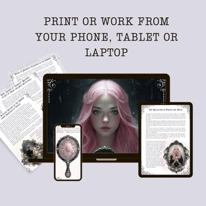 May include: A digital art print featuring a woman with pink hair on a laptop, smartphone, and tablet. The image includes printed pages with text. The text reads: "PRINT OR WORK FROM YOUR PHONE, TABLET OR LAPTOP."