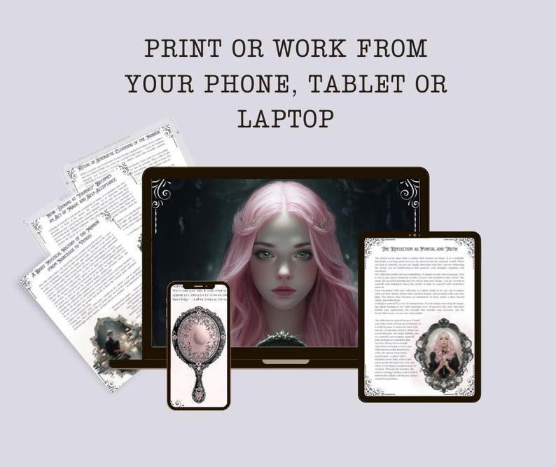 May include: A digital art print featuring a woman with pink hair on a laptop, smartphone, and tablet. The image includes printed pages with text. The text reads: "PRINT OR WORK FROM YOUR PHONE, TABLET OR LAPTOP."