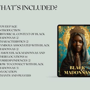 Pode incluir: Um tablet digital que exibe a capa de um livro com o t&iacute;tulo "Black Madonnas". A capa apresenta uma pintura de uma Madona Negra com uma coroa dourada e uma t&uacute;nica azul. O texto "What's Included?" est&aacute; listado no lado esquerdo da imagem com uma lista de t&oacute;picos abordados no livro.